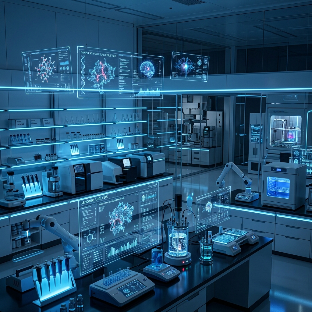 A futuristic high-tech laboratory with glowing blue lights